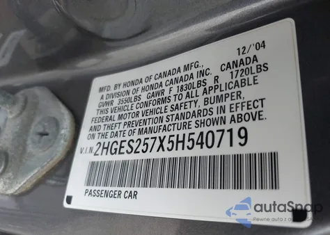2005 Honda Civic Ex from USA, damaged, VIN 2HGES257X5H540719
